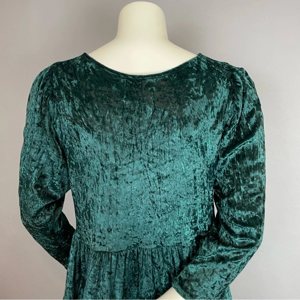 Vintage Crushed Velvet Babydoll Dress Green Christmas Girls Sz 14 Rosette Tiered
